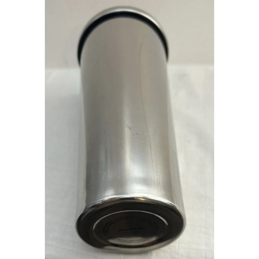 STARBUCKS 24 ounce Cold Cup Chrome Gray Stainless Steel Travel Green Straw